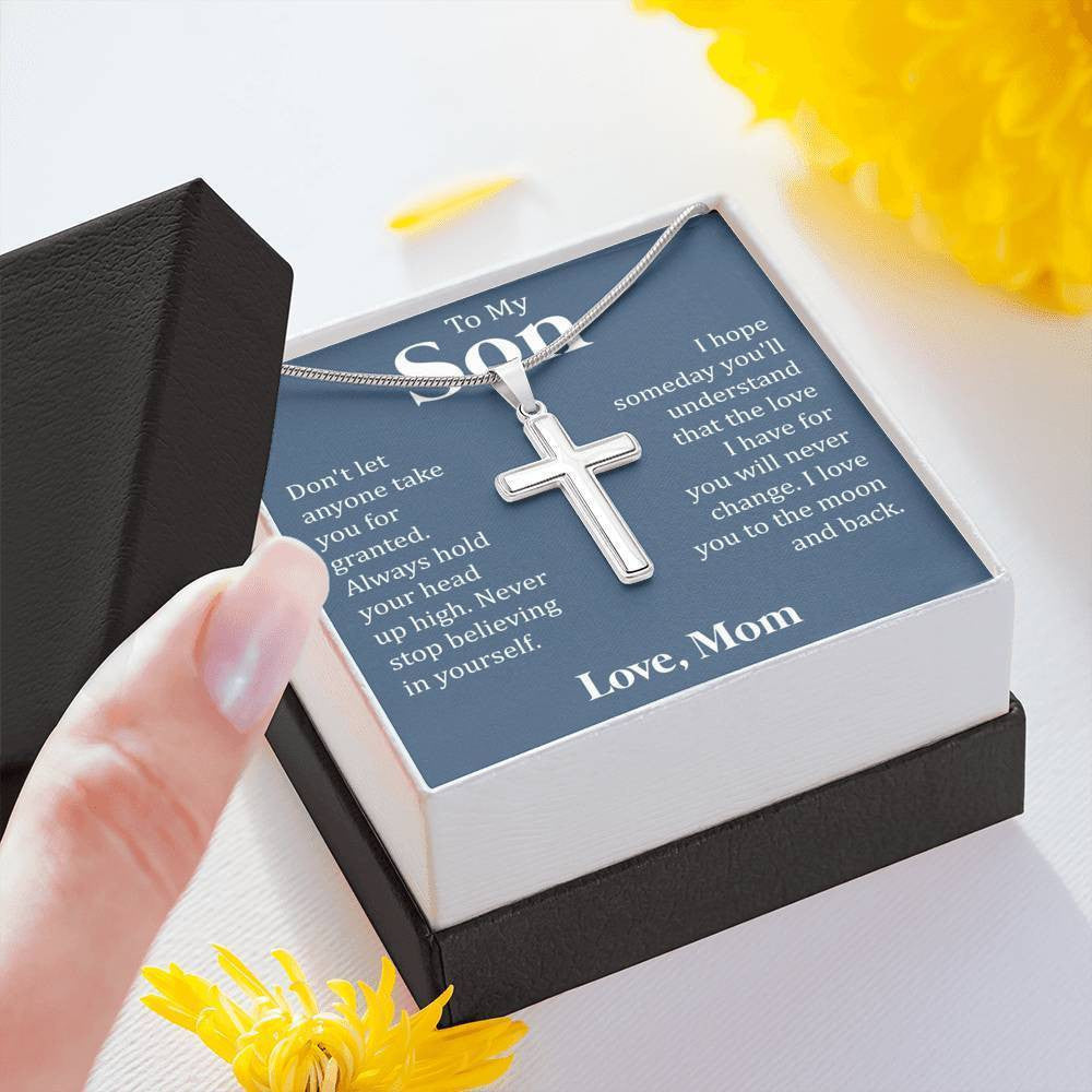 To My Son - Never Stop Believing, We Love You, Cross Necklace From Dad Mom