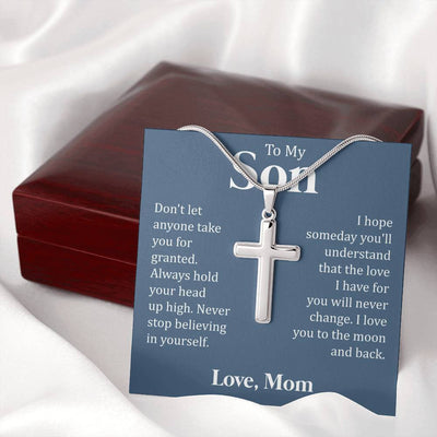 To My Son - Never Stop Believing, We Love You, Cross Necklace From Dad Mom