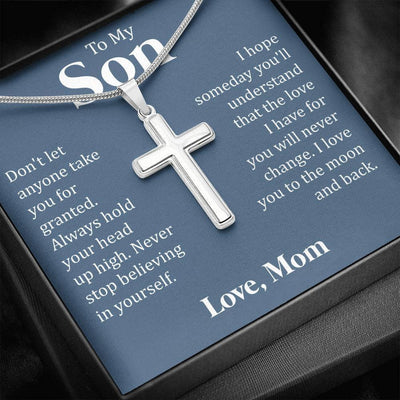 To My Son - Never Stop Believing, We Love You, Cross Necklace From Dad Mom