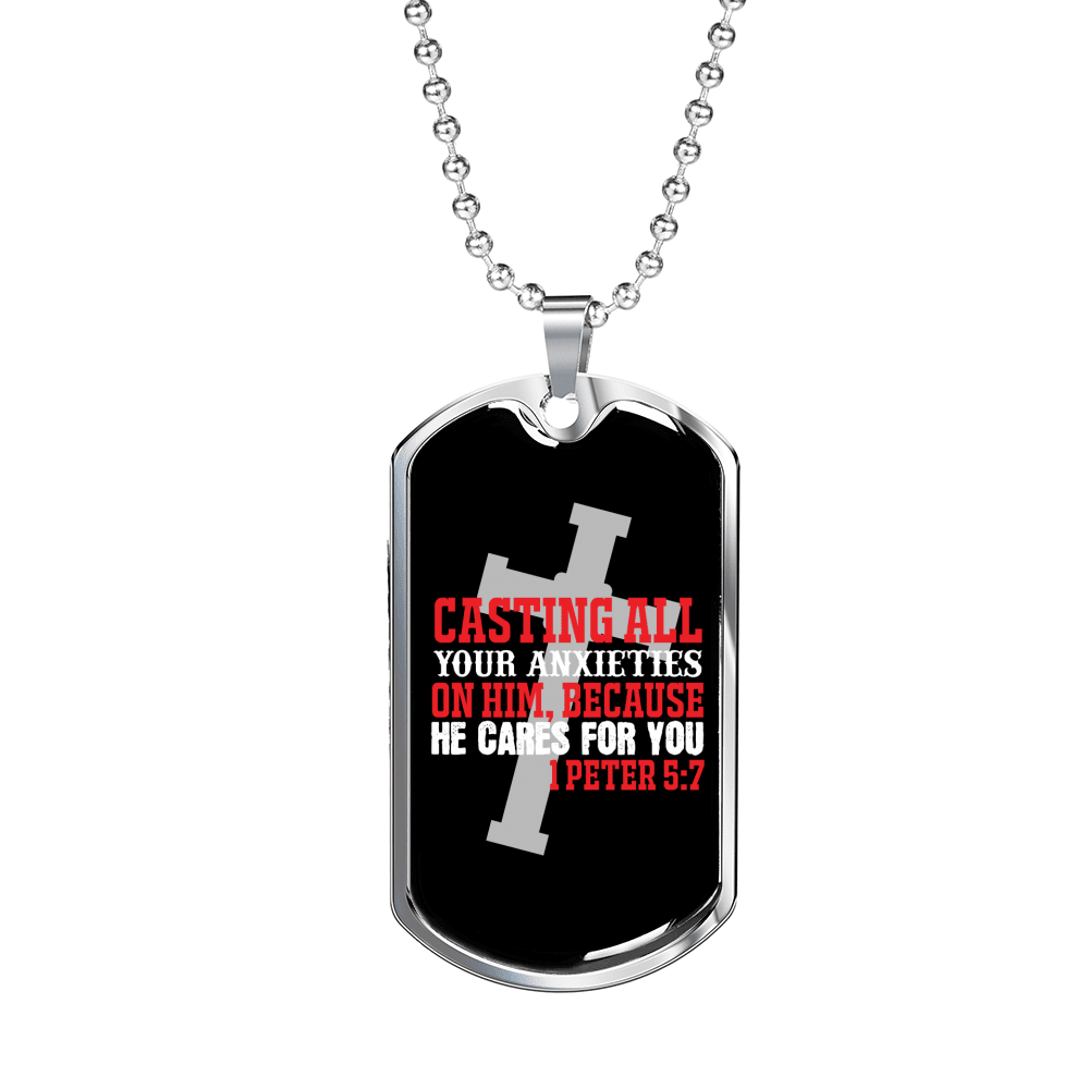 He Cares 1 Peter 5:7 Necklace Dog Tag 24" Chain - Luxury Love Messages Dog Tag Gifts For Him