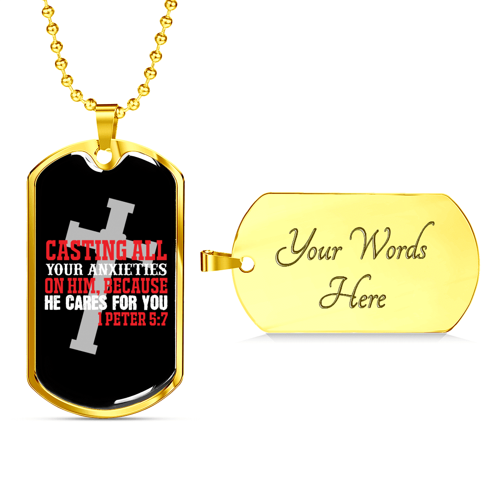 He Cares 1 Peter 5:7 Necklace Dog Tag 24" Chain - Luxury Love Messages Dog Tag Gifts For Him