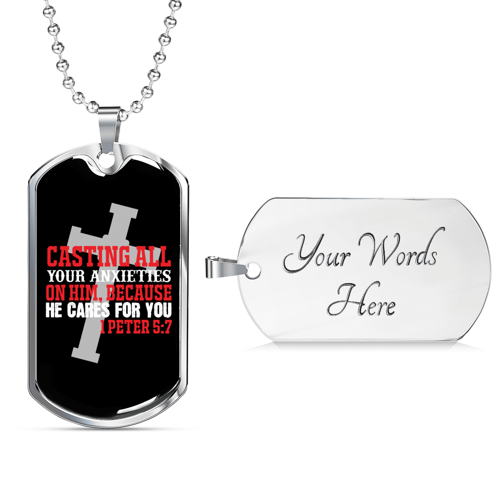 He Cares 1 Peter 5:7 Necklace Dog Tag 24" Chain - Luxury Love Messages Dog Tag Gifts For Him