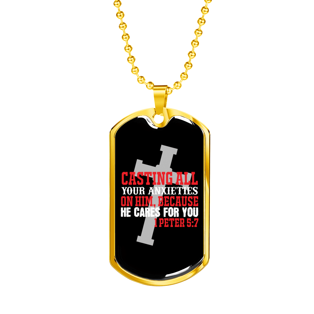 He Cares 1 Peter 5:7 Necklace Dog Tag 24" Chain - Luxury Love Messages Dog Tag Gifts For Him