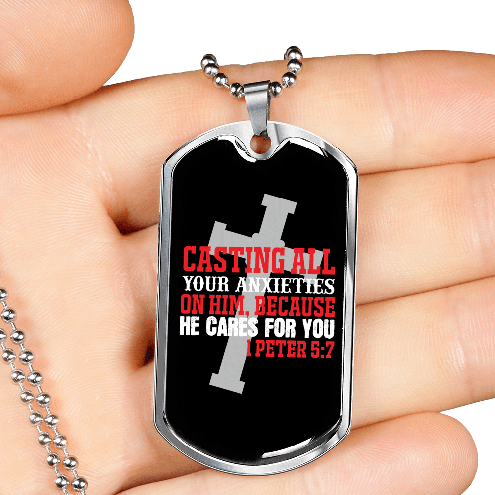 He Cares 1 Peter 5:7 Necklace Dog Tag 24" Chain - Luxury Love Messages Dog Tag Gifts For Him