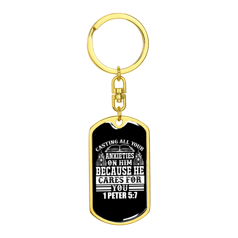 All Anxieties On Him 1 Peter 5:7 Keychain Dog Tag Keyring - Dog Tag with Swivel Keychain