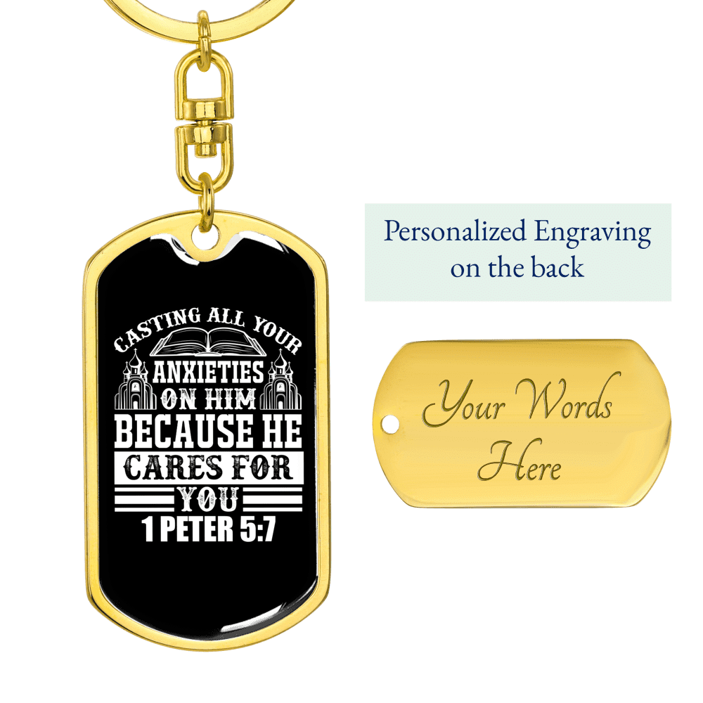 All Anxieties On Him 1 Peter 5:7 Keychain Dog Tag Keyring - Dog Tag with Swivel Keychain