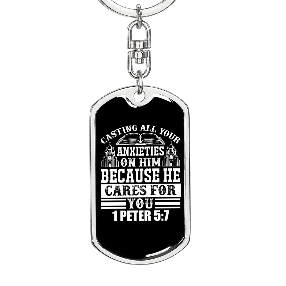 All Anxieties On Him 1 Peter 5:7 Keychain Dog Tag Keyring - Dog Tag with Swivel Keychain