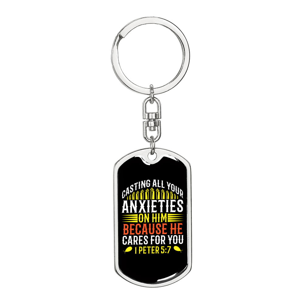 He Cares For You 1 Peter 5:7 Keychain Dog Tag Keyring - Dog Tag with Swivel Keychain
