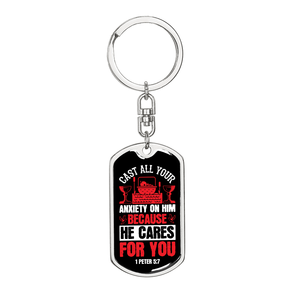 Cast All Anxiety 1 Peter 5:7 Keychain Dog Tag Keyring - Dog Tag with Swivel Keychain