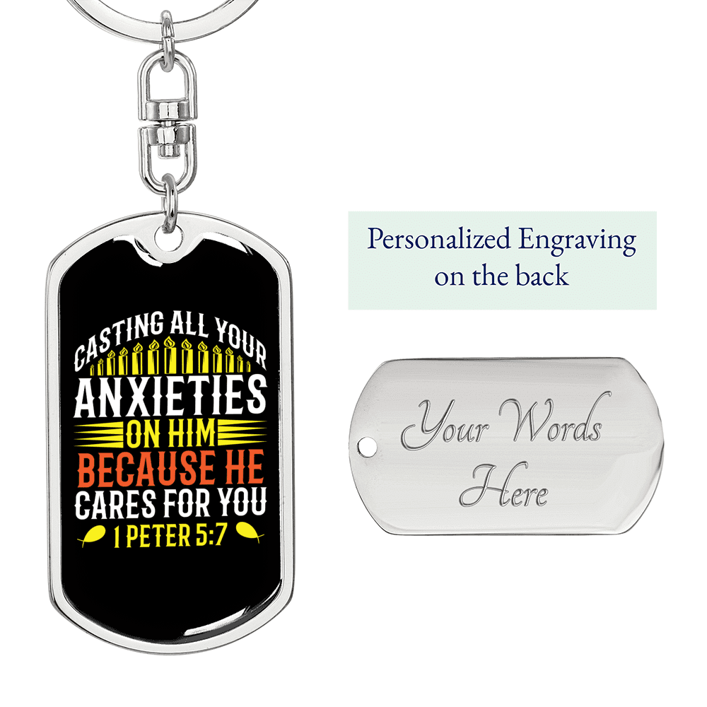 He Cares For You 1 Peter 5:7 Keychain Dog Tag Keyring - Dog Tag with Swivel Keychain