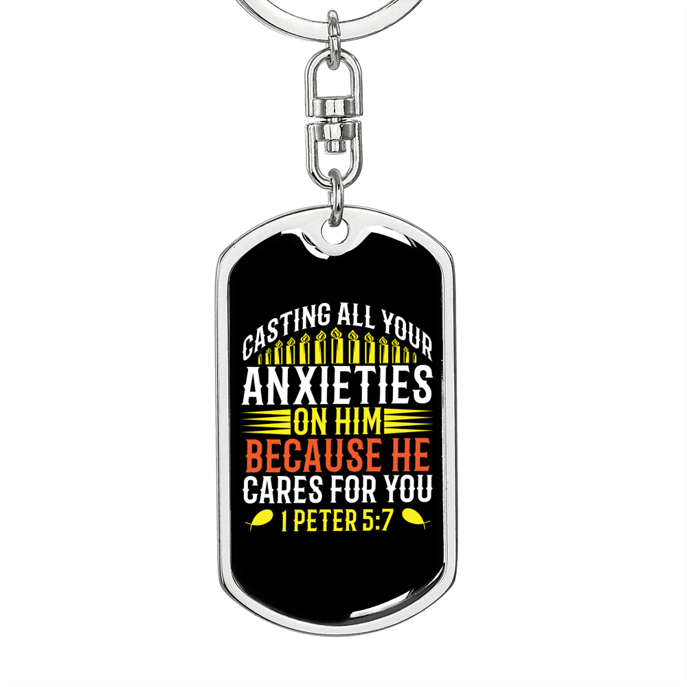 He Cares For You 1 Peter 5:7 Keychain Dog Tag Keyring - Dog Tag with Swivel Keychain
