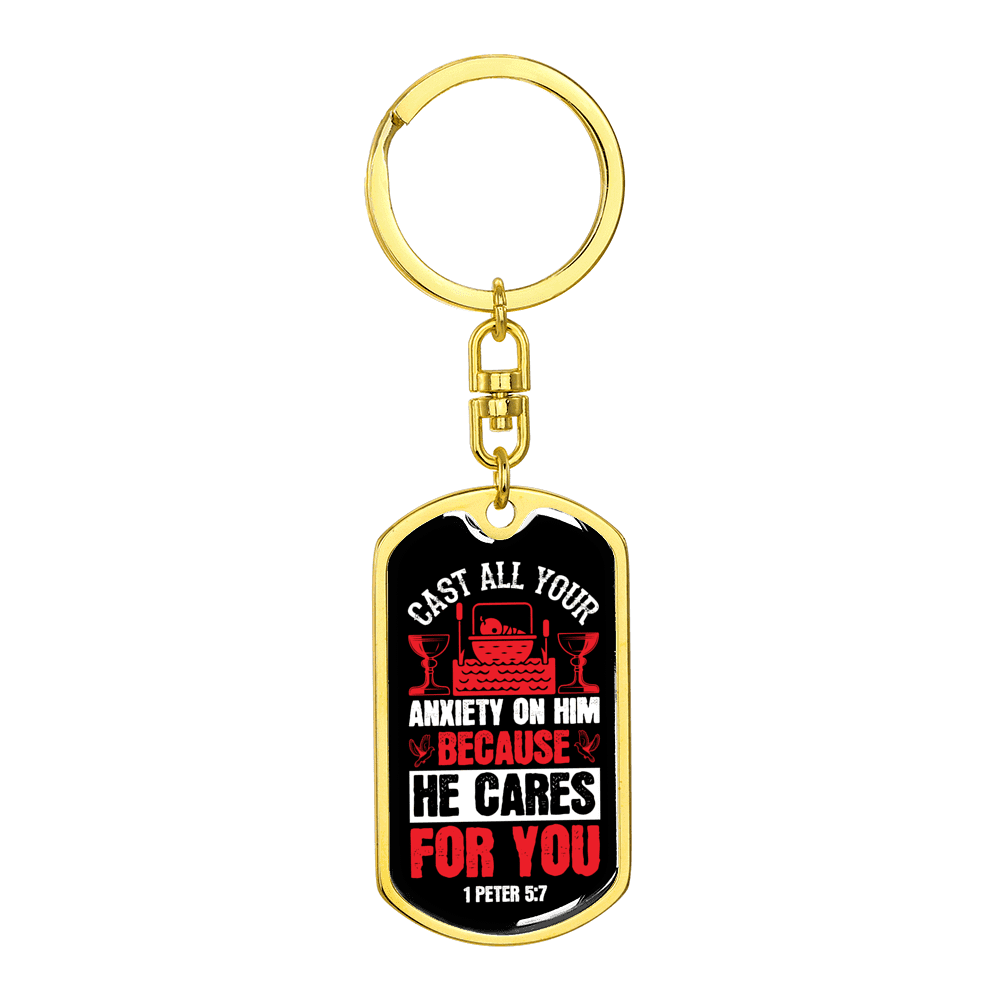 Cast All Anxiety 1 Peter 5:7 Keychain Dog Tag Keyring - Dog Tag with Swivel Keychain