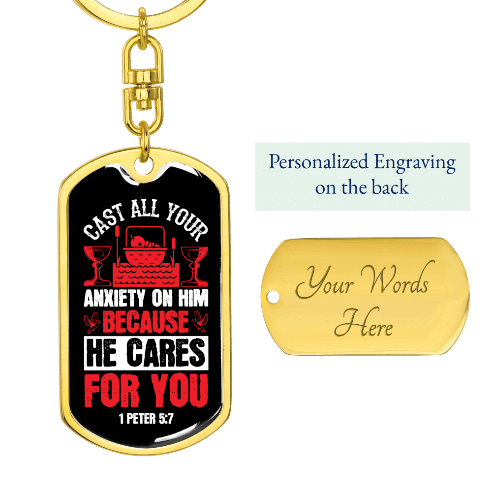 Cast All Anxiety 1 Peter 5:7 Keychain Dog Tag Keyring - Dog Tag with Swivel Keychain