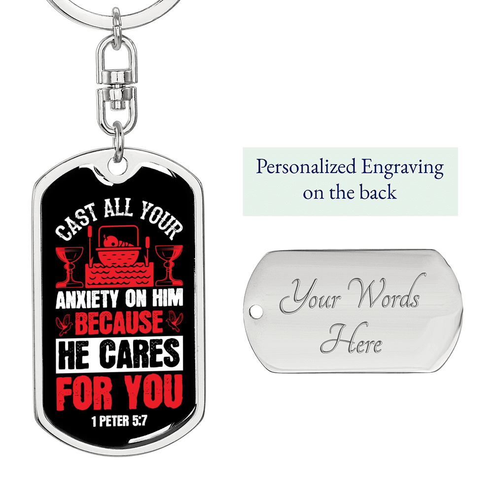 Cast All Anxiety 1 Peter 5:7 Keychain Dog Tag Keyring - Dog Tag with Swivel Keychain