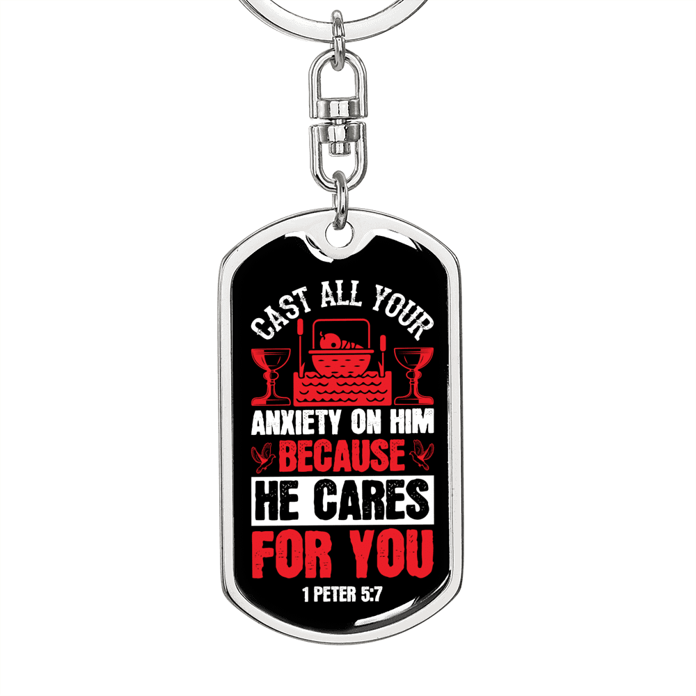 Cast All Anxiety 1 Peter 5:7 Keychain Dog Tag Keyring - Dog Tag with Swivel Keychain