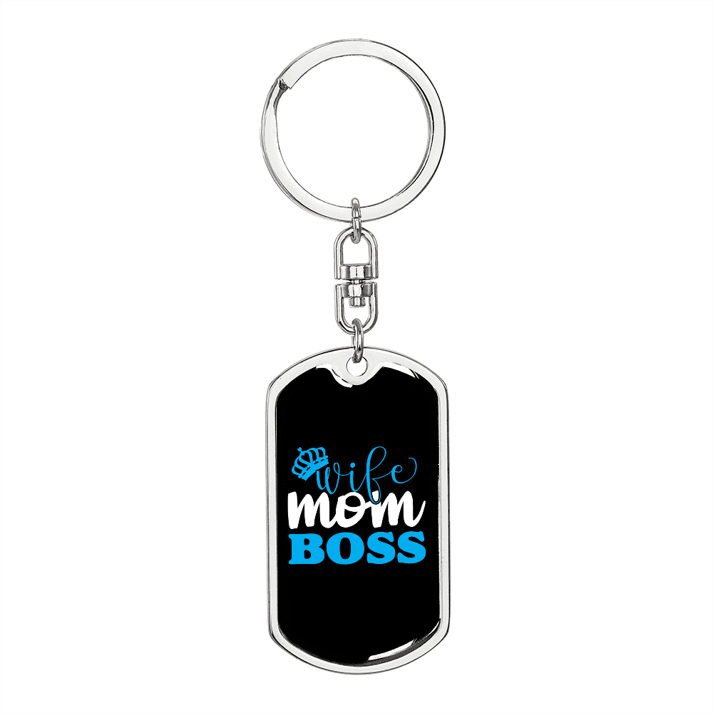 To My Wife  Wife Mom Boss Blue Keychain Stainless Steel or 18k Gold Dog Tag Keyring - Dog Tag with Swivel Keychain