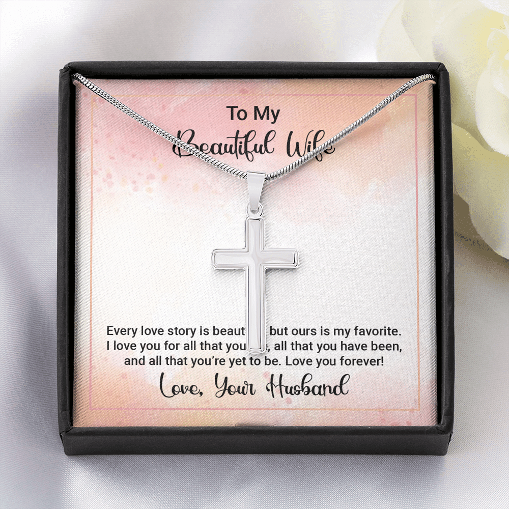 To My Beautiful Wife Happy Anniversary Cross Necklace Message Card - Meanful Cross Messages Card Gift Idea