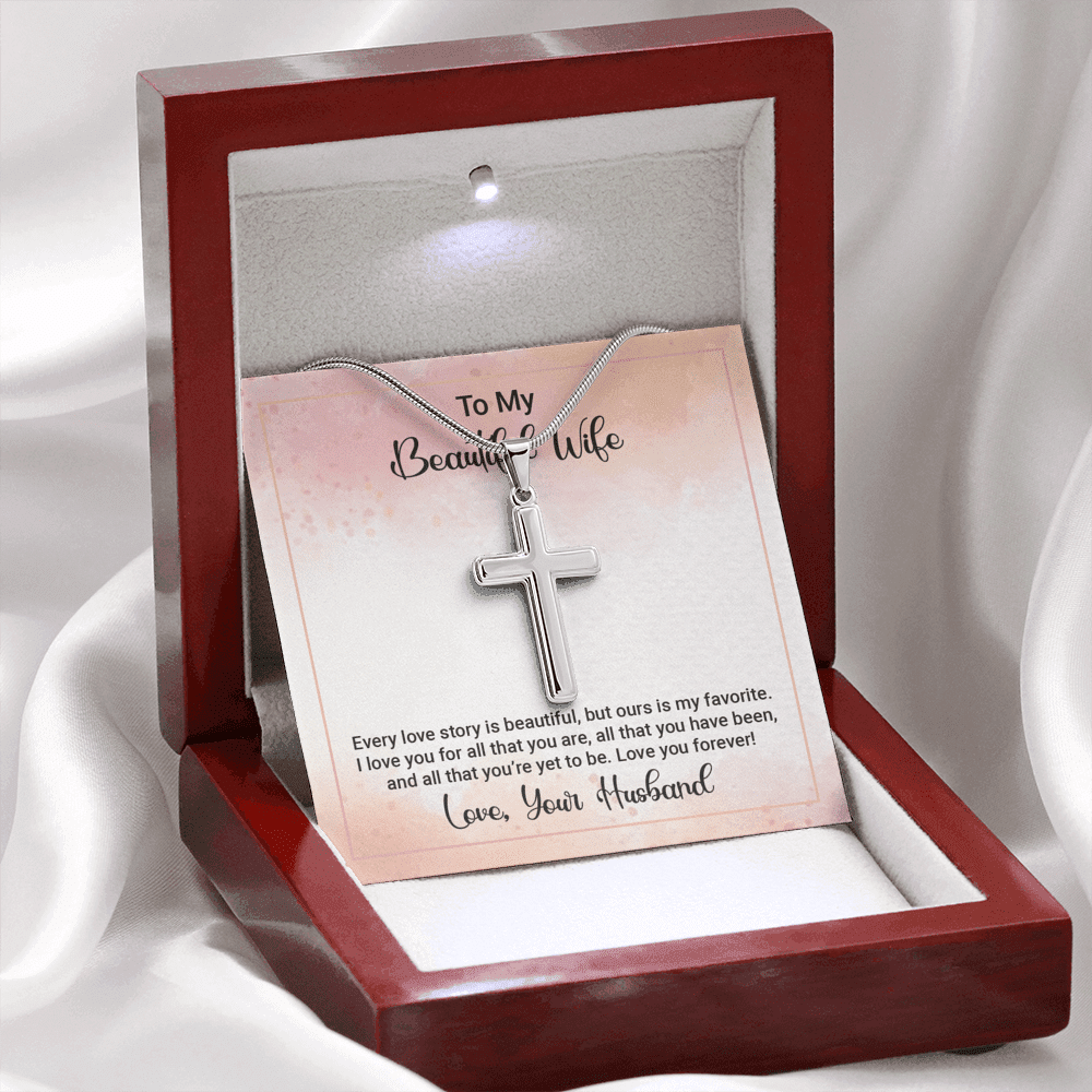 To My Beautiful Wife Happy Anniversary Cross Necklace Message Card - Meanful Cross Messages Card Gift Idea