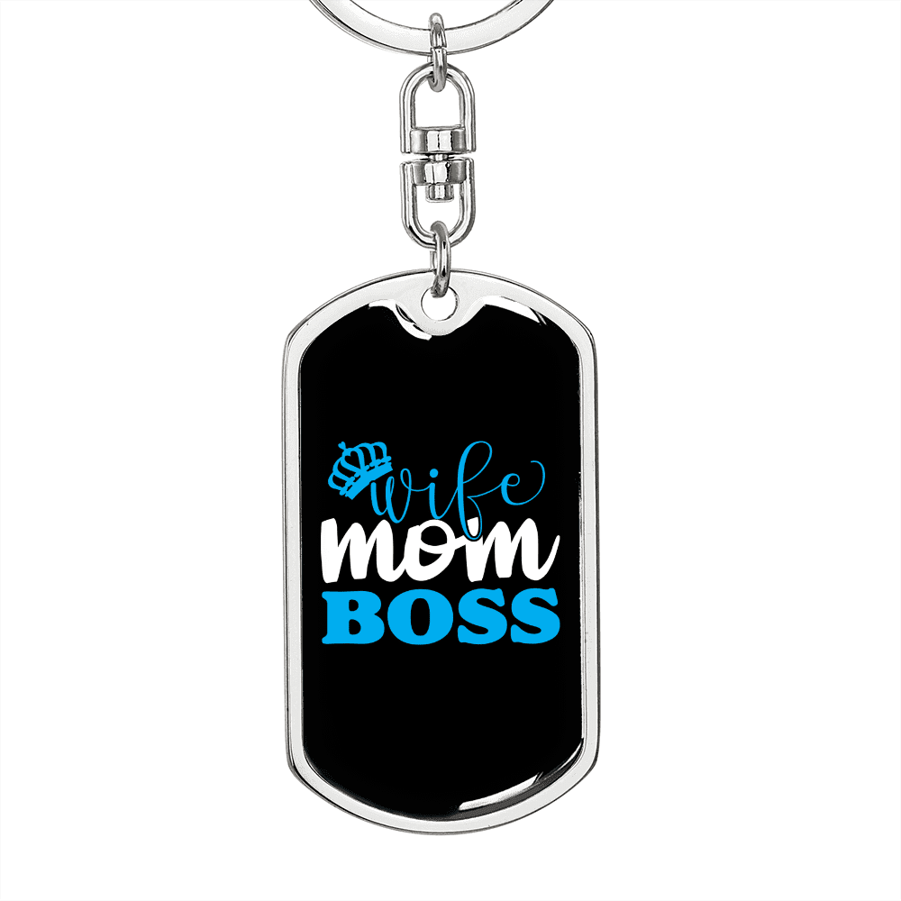 To My Wife  Wife Mom Boss Blue Keychain Stainless Steel or 18k Gold Dog Tag Keyring - Dog Tag with Swivel Keychain