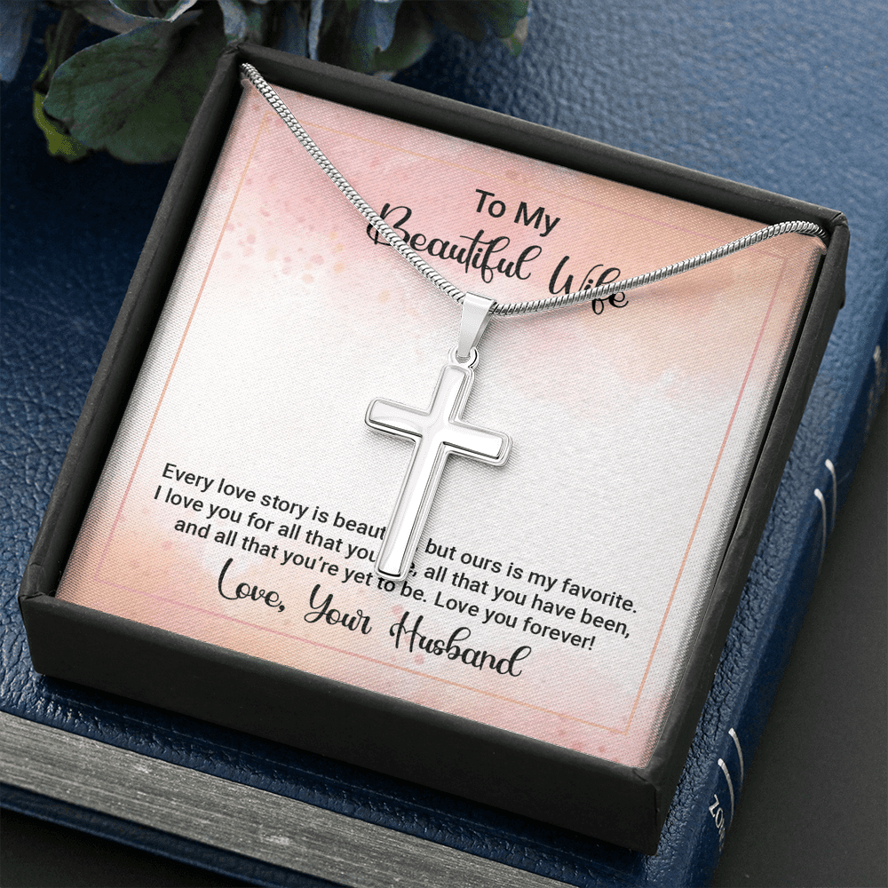 To My Beautiful Wife Happy Anniversary Cross Necklace Message Card - Meanful Cross Messages Card Gift Idea