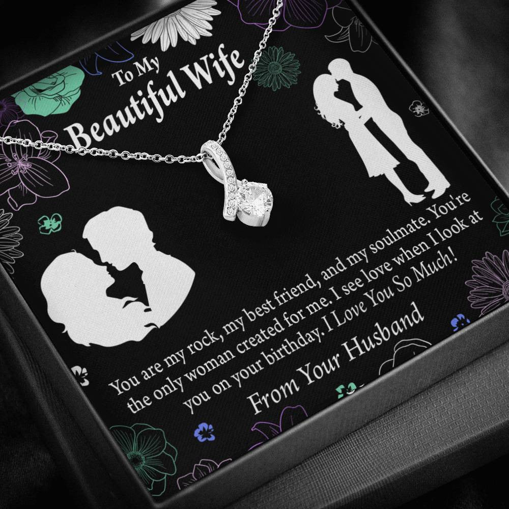 To My Wife To My Beautiful Wife Rock And Best Friend Eternity Ribbon Stone Pendant 14K White Gold Stainless Steel Jewelry Gift  - Alluring Beauty Necklace Gift For Her
