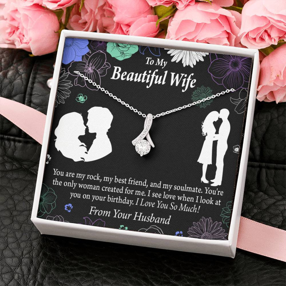 To My Wife To My Beautiful Wife Rock And Best Friend Eternity Ribbon Stone Pendant 14K White Gold Stainless Steel Jewelry Gift  - Alluring Beauty Necklace Gift For Her