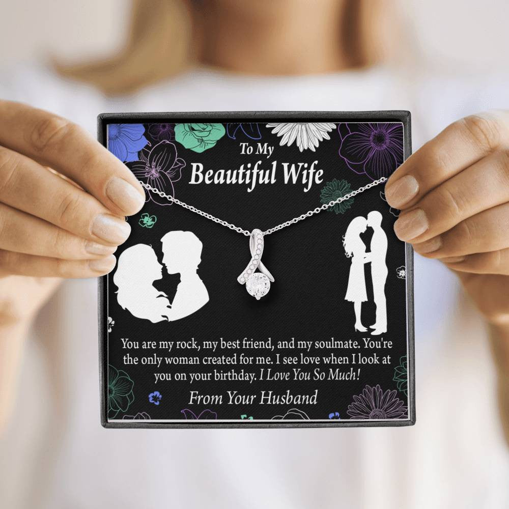 To My Wife To My Beautiful Wife Rock And Best Friend Eternity Ribbon Stone Pendant 14K White Gold Stainless Steel Jewelry Gift  - Alluring Beauty Necklace Gift For Her
