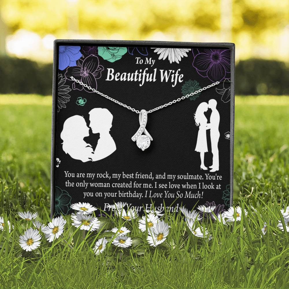 To My Wife To My Beautiful Wife Rock And Best Friend Eternity Ribbon Stone Pendant 14K White Gold Stainless Steel Jewelry Gift  - Alluring Beauty Necklace Gift For Her
