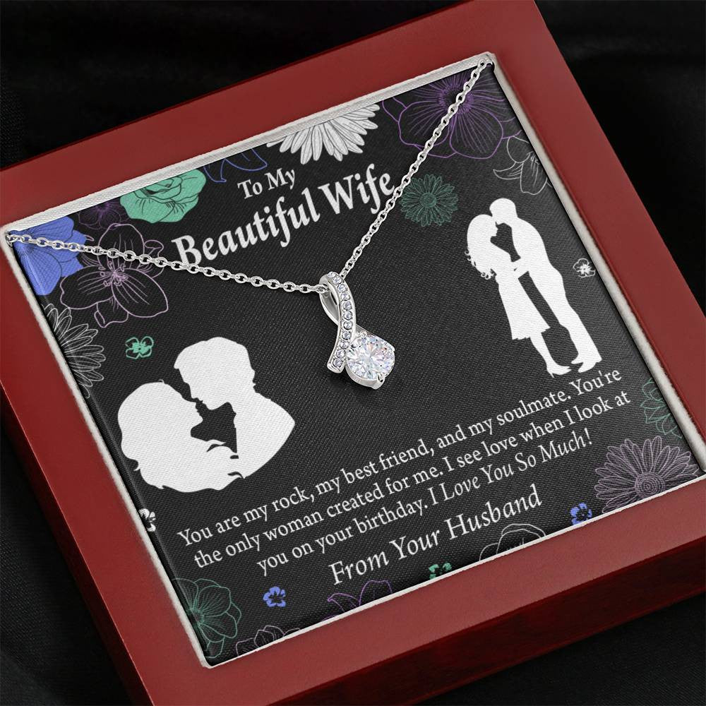 To My Wife To My Beautiful Wife Rock And Best Friend Eternity Ribbon Stone Pendant 14K White Gold Stainless Steel Jewelry Gift  - Alluring Beauty Necklace Gift For Her