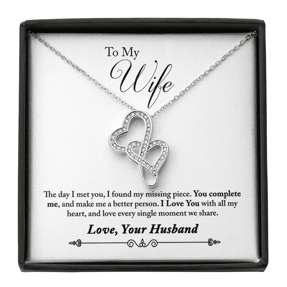 To My Wife You Complete Me Double Hearts Necklace Message Card - Double Hearts Necklace
