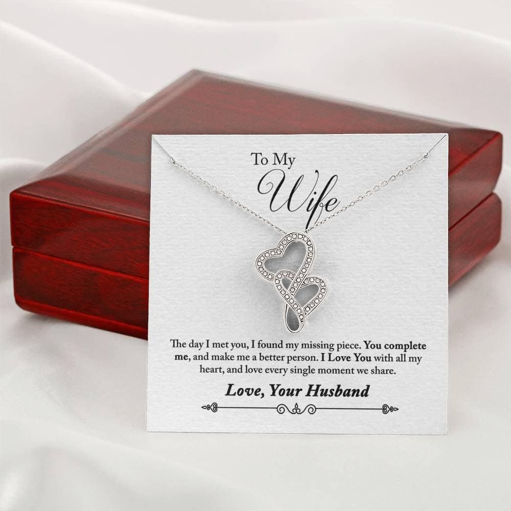 To My Wife You Complete Me Double Hearts Necklace Message Card - Double Hearts Necklace