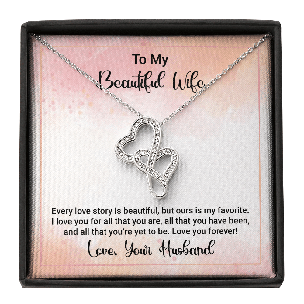 To My Beautiful Wife Happy Anniversary Double Hearts Necklace Message Card - Double Hearts Necklace