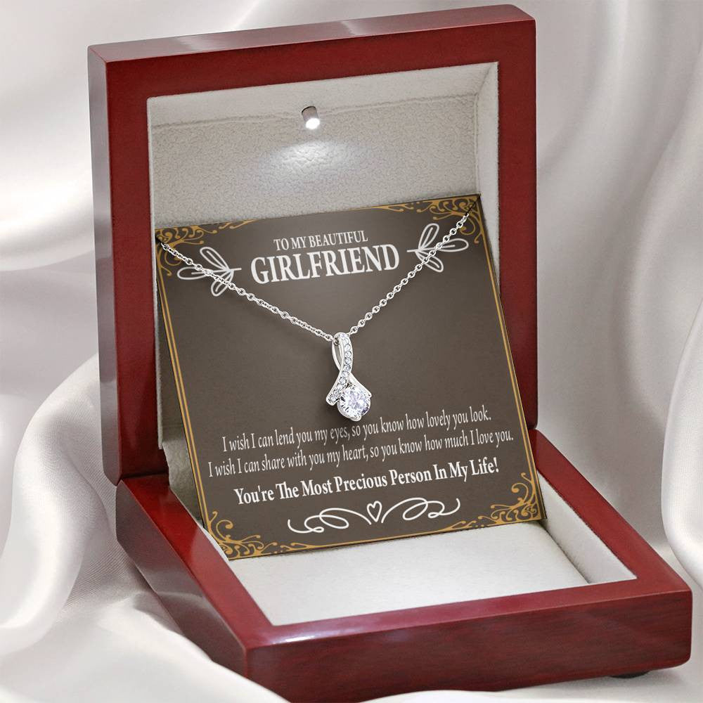 To My Girlfriend Precious Love Message Card W Mahogany Style Luxury Box Eternity Ribbon Stone Necklace - Alluring Beauty Necklace Gift For Her
