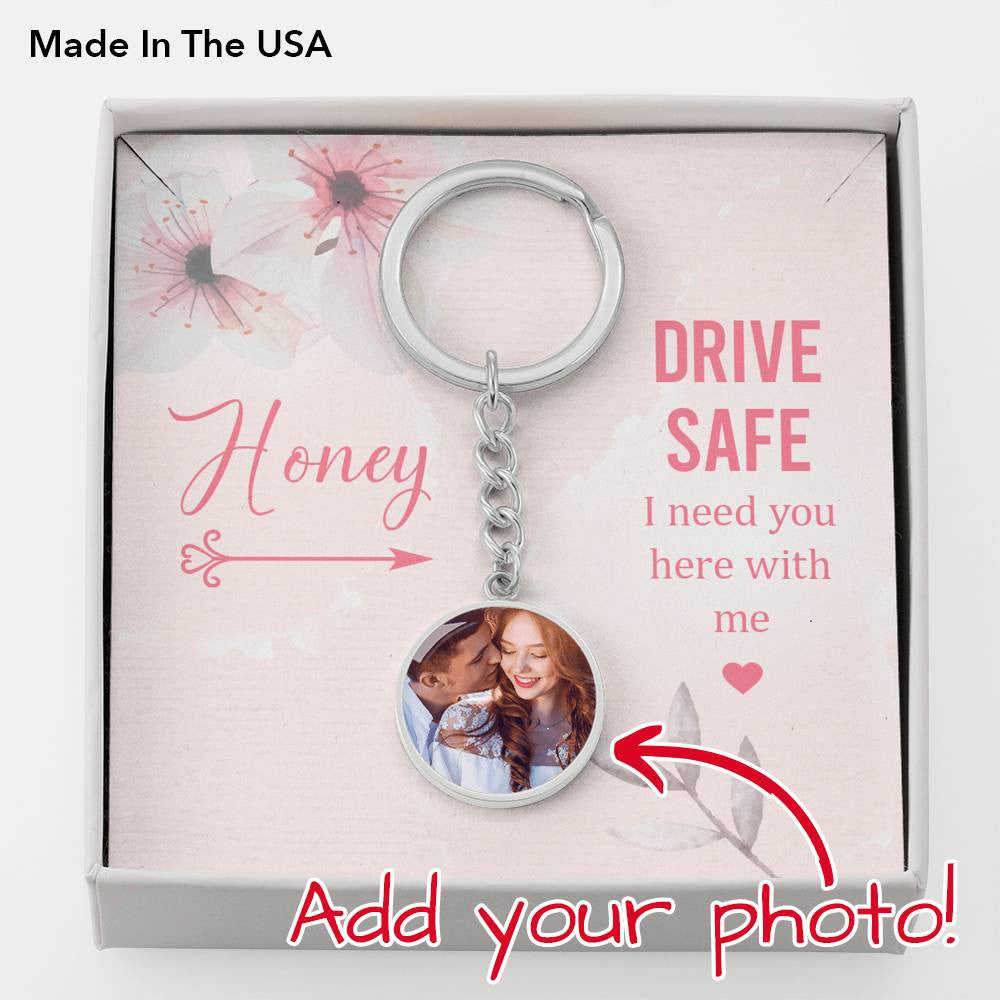 Personalized To My Wife Girlfriend Honey Circle Keychain Stainless Steel or 18k Gold - Photo Upload Cards