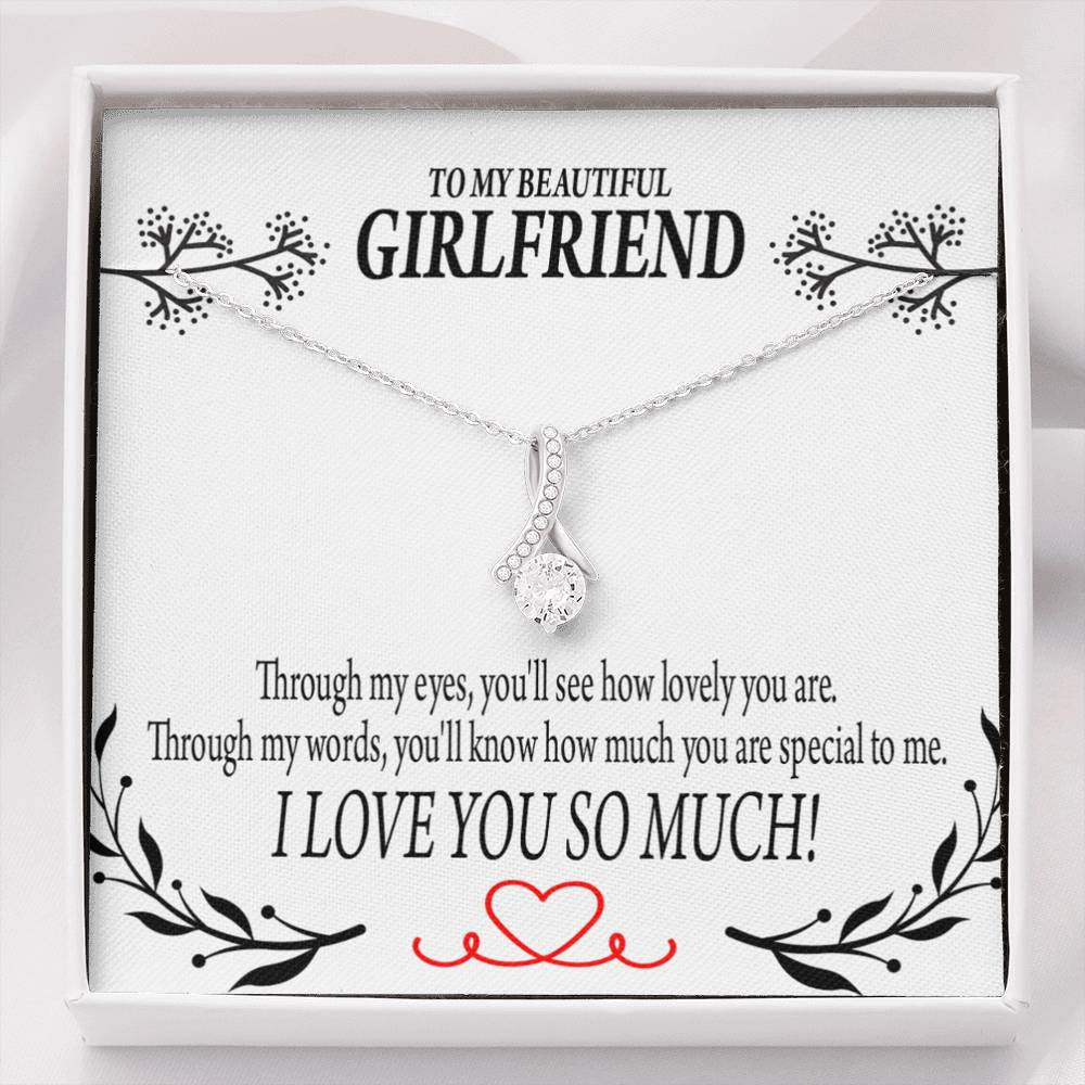 To My Girlfriend Special To Me Message Card W Mahogany Style Luxury Box Eternity Ribbon Stone Necklace - Alluring Beauty Necklace Gift For Her