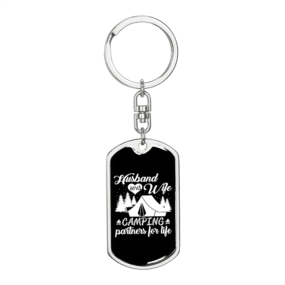 To My Wife  Husband And Wife Camping Partners Keychain Stainless Steel or 18k Gold Dog Tag Keyring - Dog Tag with Swivel Keychain