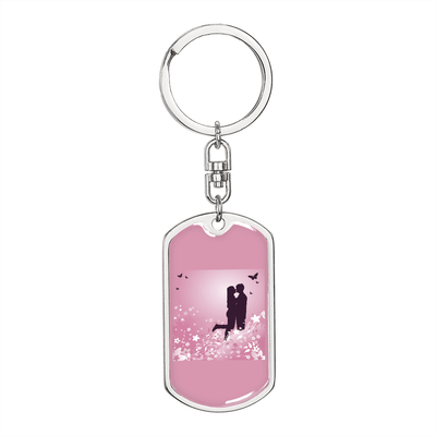 To My Wife  Love Couple Pink Floral Keychain Stainless Steel or 18k Gold Dog Tag Keyring - Dog Tag with Swivel Keychain