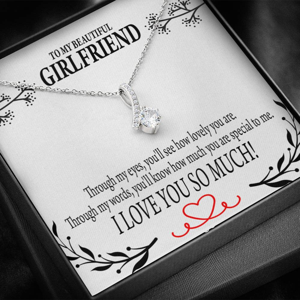 To My Girlfriend Special To Me Message Card W Mahogany Style Luxury Box Eternity Ribbon Stone Necklace - Alluring Beauty Necklace Gift For Her