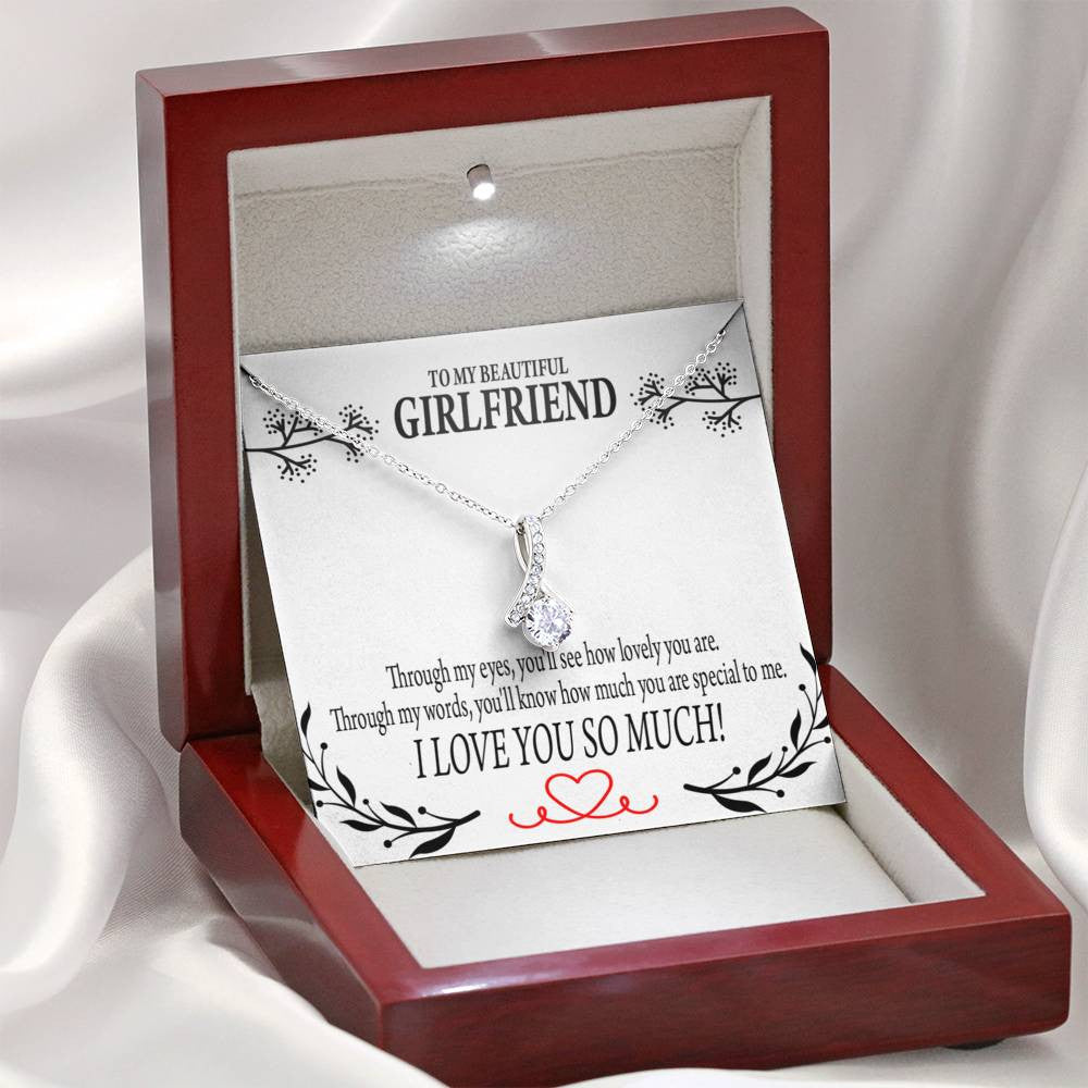 To My Girlfriend Special To Me Message Card W Mahogany Style Luxury Box Eternity Ribbon Stone Necklace - Alluring Beauty Necklace Gift For Her
