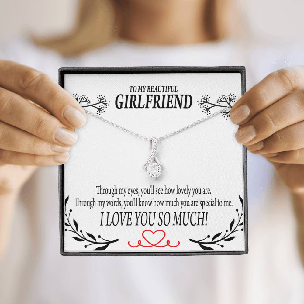 To My Girlfriend Special To Me Message Card W Mahogany Style Luxury Box Eternity Ribbon Stone Necklace - Alluring Beauty Necklace Gift For Her
