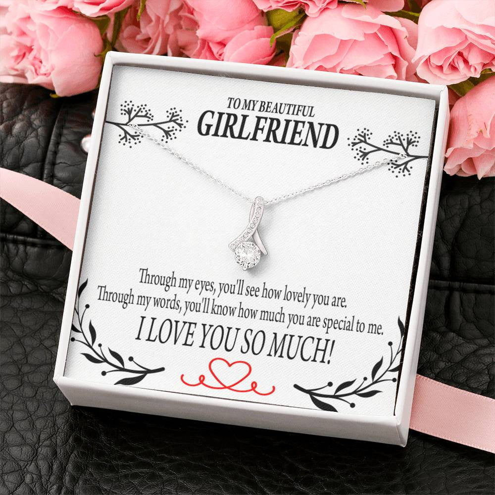 To My Girlfriend Special To Me Message Card W Mahogany Style Luxury Box Eternity Ribbon Stone Necklace - Alluring Beauty Necklace Gift For Her