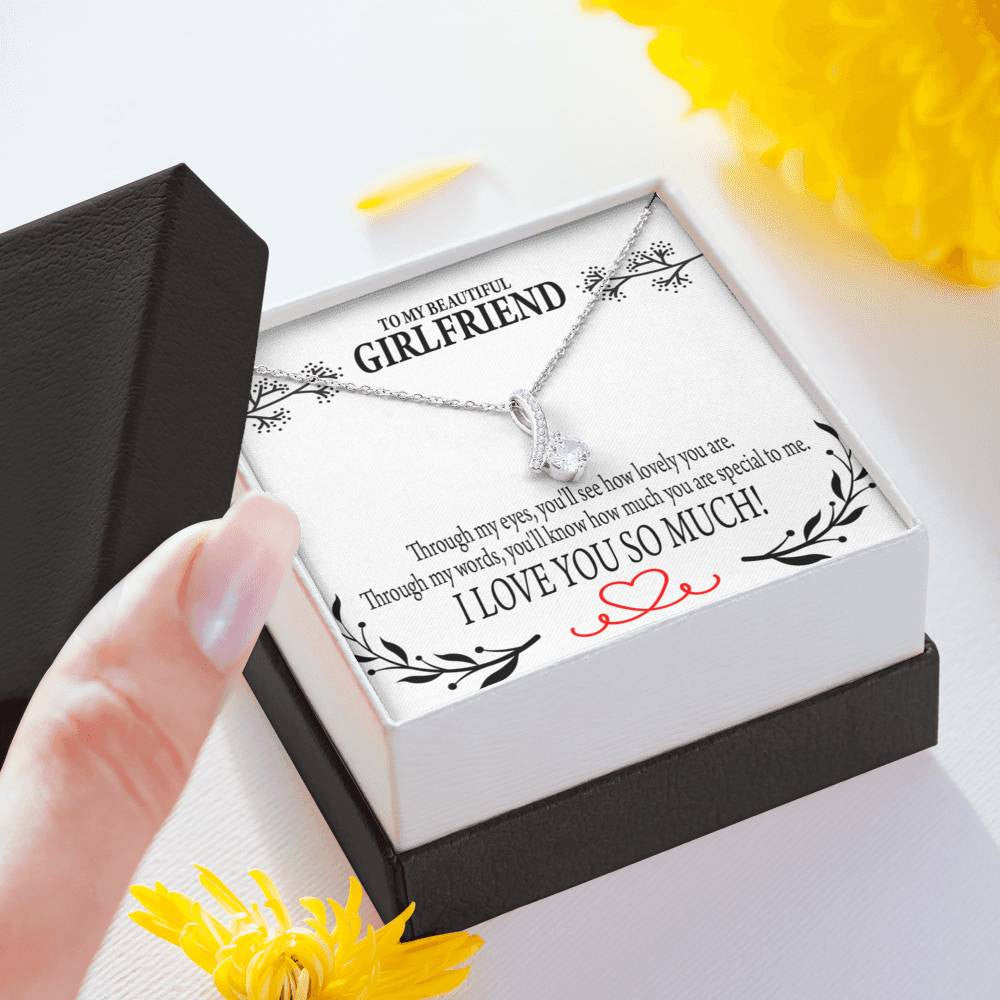 To My Girlfriend Special To Me Message Card W Mahogany Style Luxury Box Eternity Ribbon Stone Necklace - Alluring Beauty Necklace Gift For Her