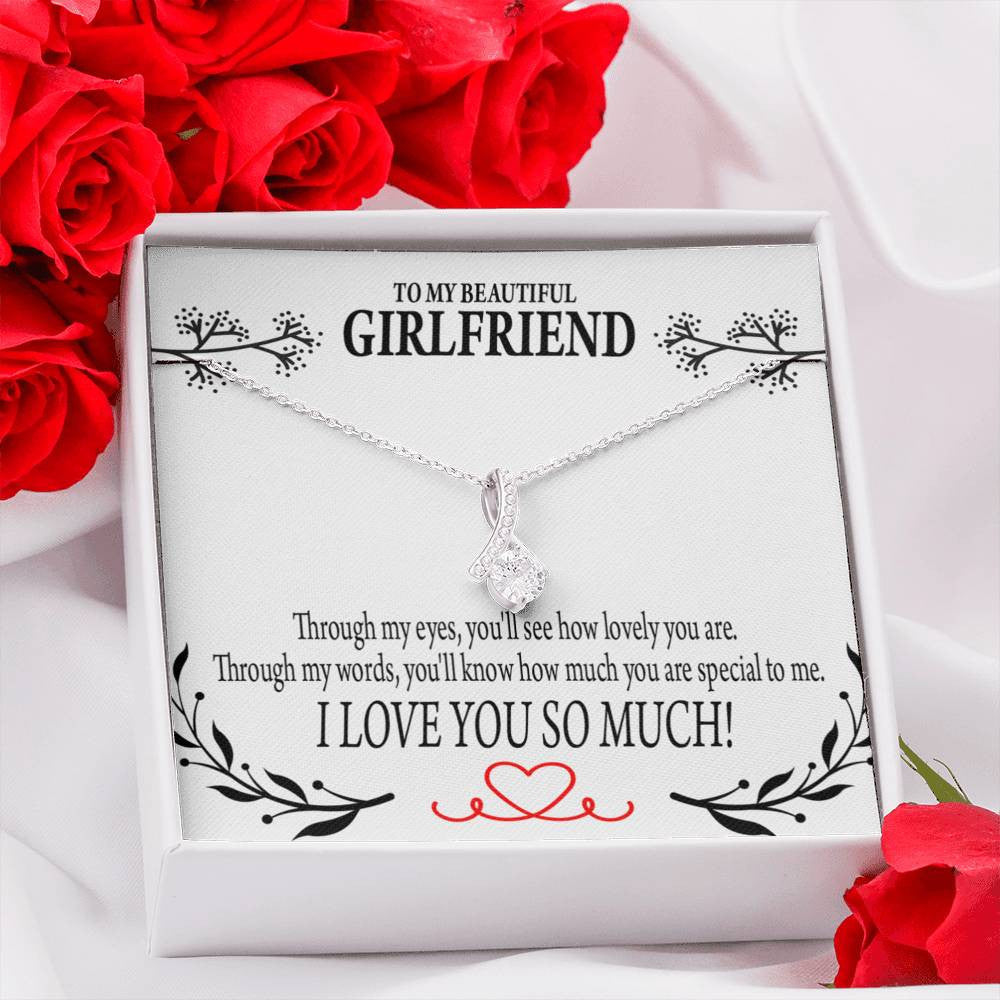 To My Girlfriend Special To Me Message Card W Mahogany Style Luxury Box Eternity Ribbon Stone Necklace - Alluring Beauty Necklace Gift For Her