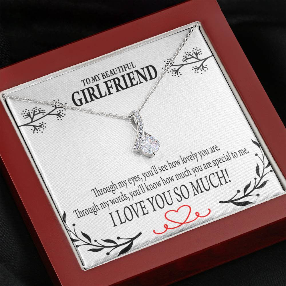 To My Girlfriend Special To Me Message Card W Mahogany Style Luxury Box Eternity Ribbon Stone Necklace - Alluring Beauty Necklace Gift For Her