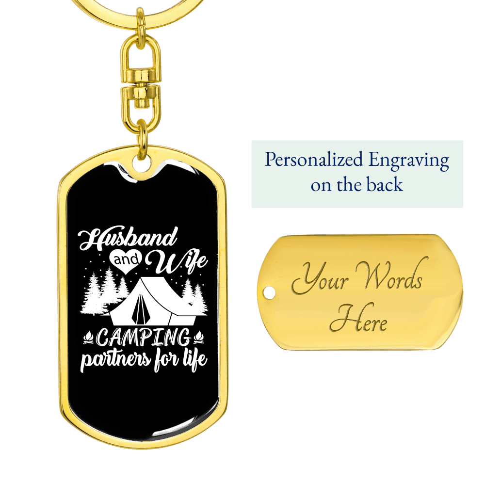 To My Wife  Husband And Wife Camping Partners Keychain Stainless Steel or 18k Gold Dog Tag Keyring - Dog Tag with Swivel Keychain