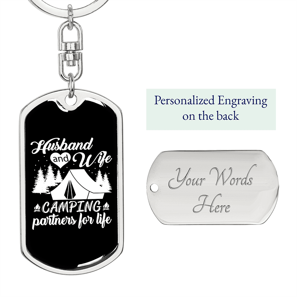 To My Wife  Husband And Wife Camping Partners Keychain Stainless Steel or 18k Gold Dog Tag Keyring - Dog Tag with Swivel Keychain