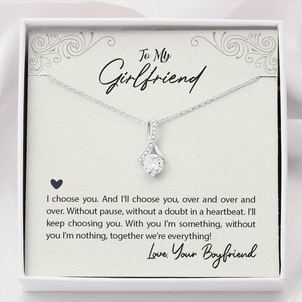 To My Girlfriend I Choose You Message Card W Mahogany Style Luxury Box Eternity Ribbon Stone Necklace - Alluring Beauty Necklace Gift For Her
