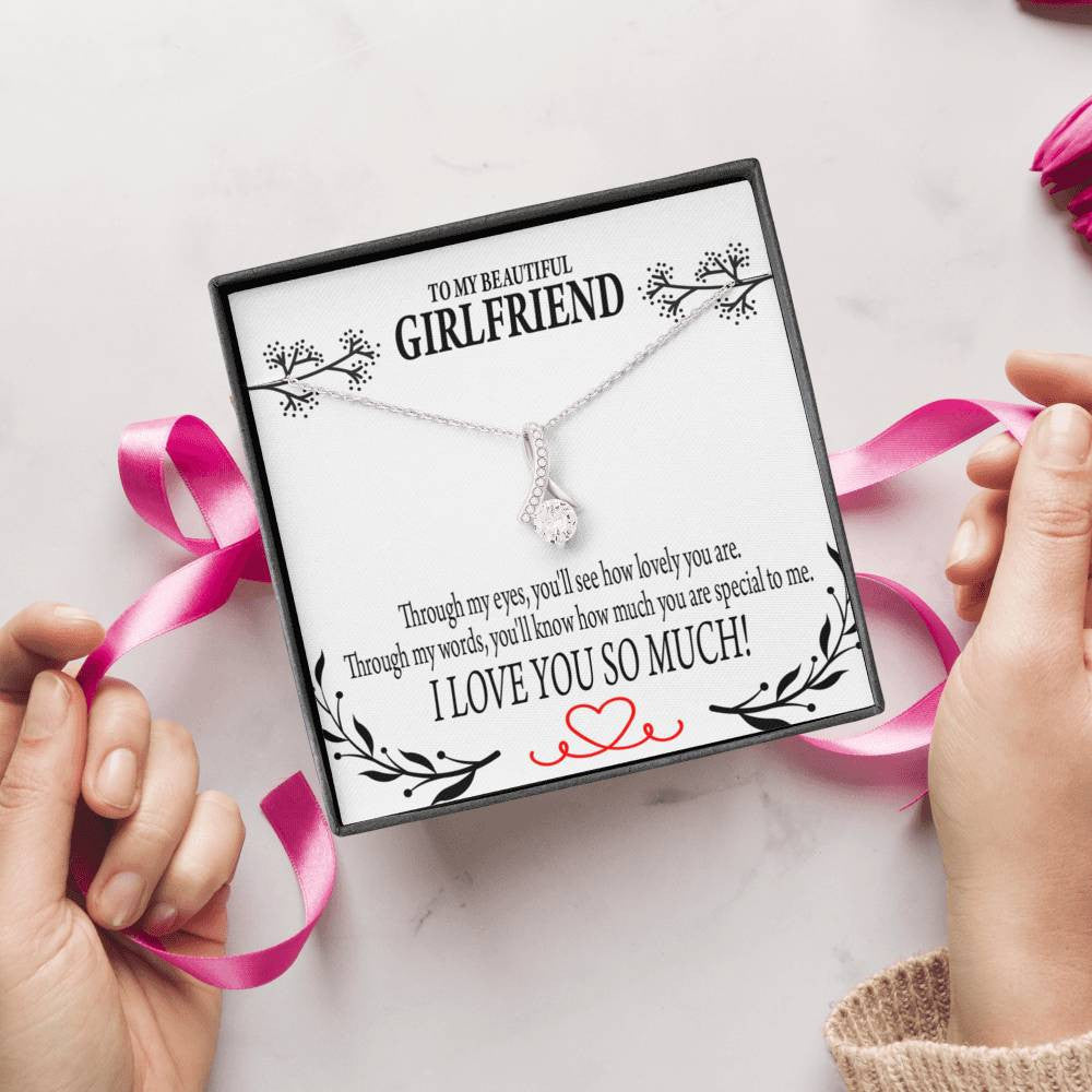 To My Girlfriend Special To Me Message Card W Mahogany Style Luxury Box Eternity Ribbon Stone Necklace - Alluring Beauty Necklace Gift For Her