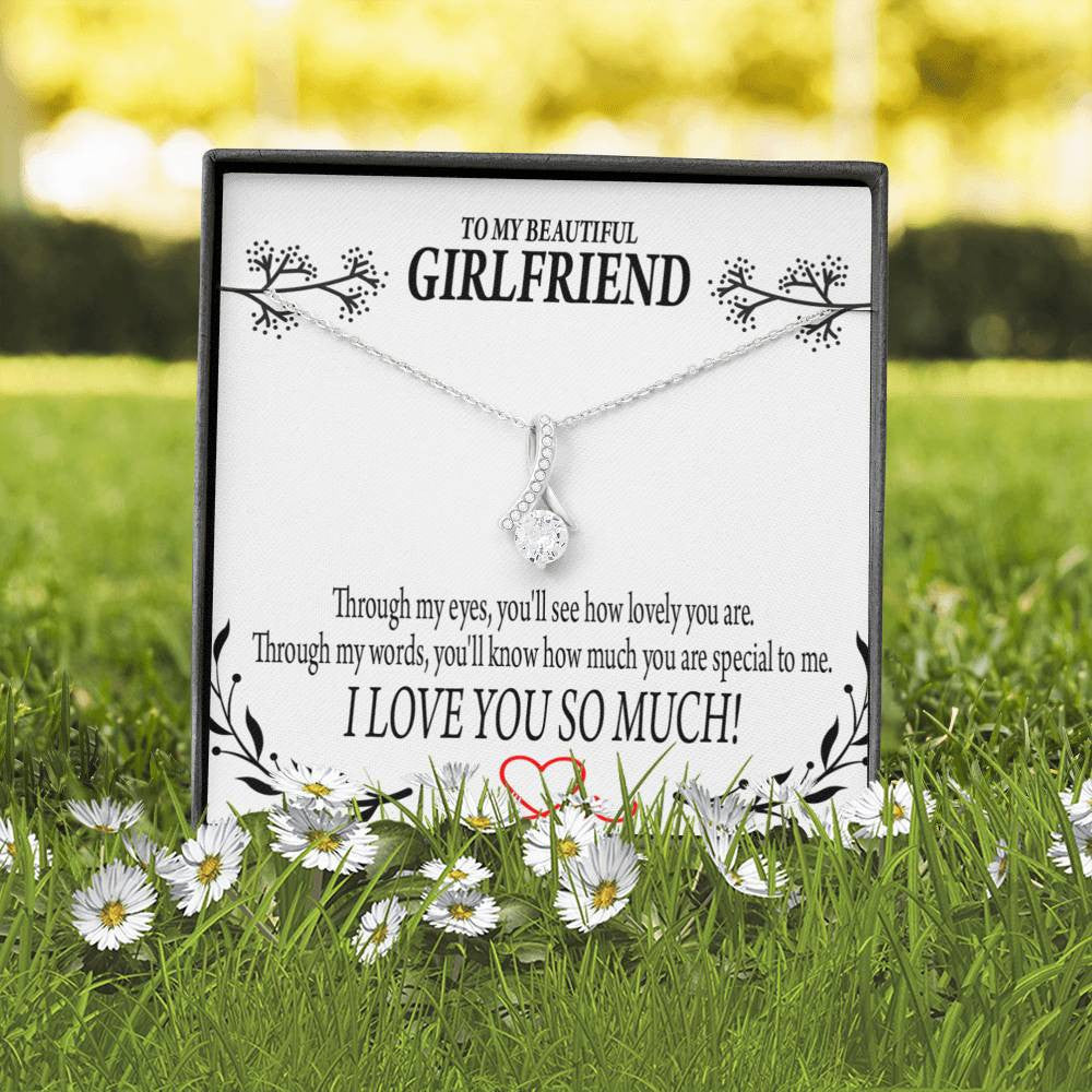 To My Girlfriend Special To Me Message Card W Mahogany Style Luxury Box Eternity Ribbon Stone Necklace - Alluring Beauty Necklace Gift For Her