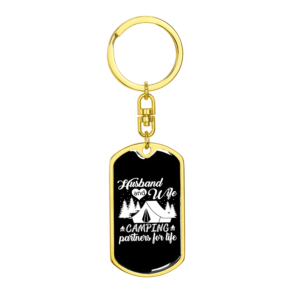To My Wife  Husband And Wife Camping Partners Keychain Stainless Steel or 18k Gold Dog Tag Keyring - Dog Tag with Swivel Keychain